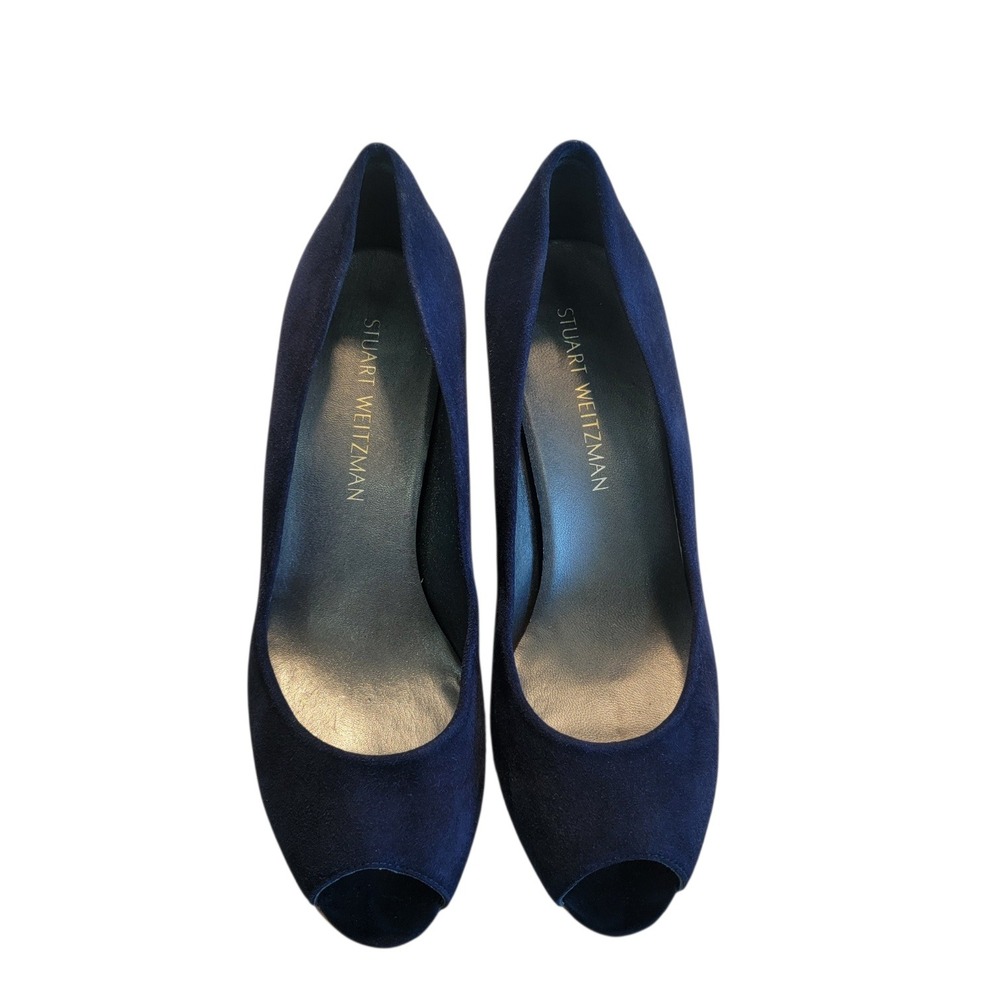 Stuart Weitzman Anna Peep Toe Wedges W sz 9, Navy Blue Suede Cork Platform Pumps - Picture 2 of 8